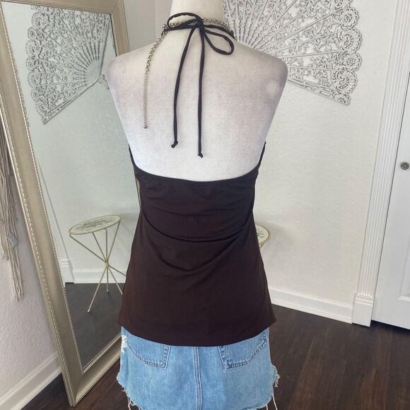 BCX Made in USA Early 2000's Dark Brown Cinched Babydoll Rhinestone Halter Top L - Picture 6 of 8